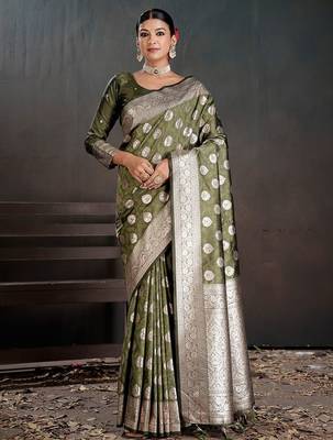 Olive ethnic motifs zari silk blend handloom banarasi saree 5