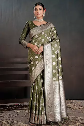 Olive ethnic motifs zari silk blend handloom banarasi saree
