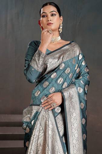 Teal woven design zari silk blend handloom banarasi saree