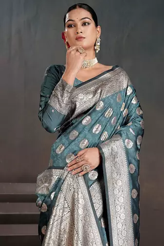 Teal woven design zari silk blend handloom banarasi saree