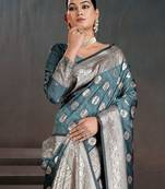 Teal woven design zari silk blend handloom banarasi saree