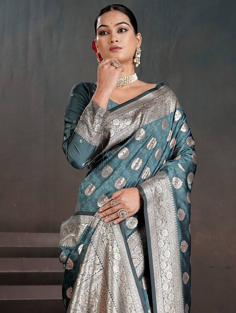 Teal woven design zari silk blend handloom banarasi saree