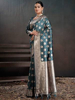 Teal woven design zari silk blend handloom banarasi saree 2