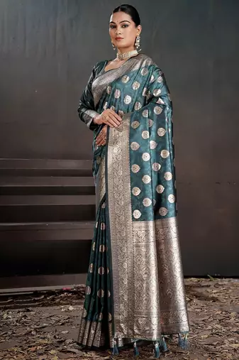Teal woven design zari silk blend handloom banarasi saree