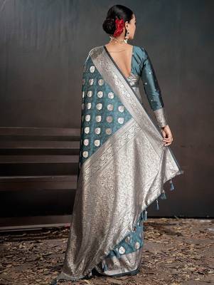 Teal woven design zari silk blend handloom banarasi saree 3
