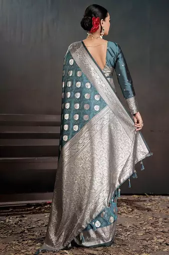 Teal woven design zari silk blend handloom banarasi saree