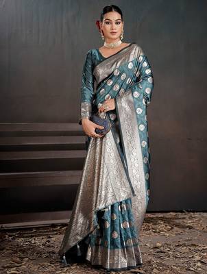Teal woven design zari silk blend handloom banarasi saree 4