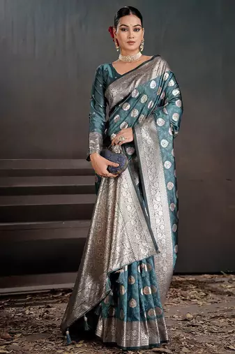 Teal woven design zari silk blend handloom banarasi saree