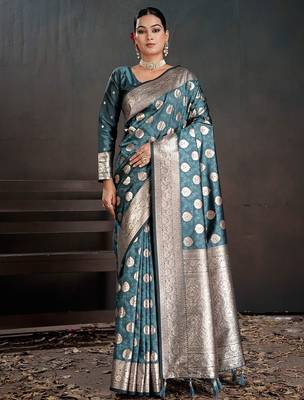 Teal woven design zari silk blend handloom banarasi saree 5