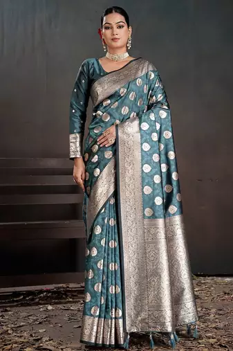 Teal woven design zari silk blend handloom banarasi saree