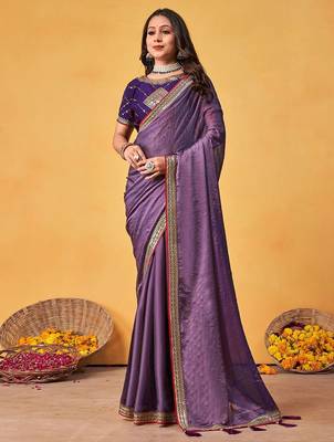 lavender embellished beads and stones sarees with blouse piece 1