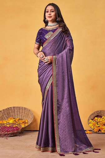 lavender embellished beads and stones sarees with blouse piece