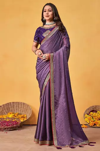 lavender embellished beads and stones sarees with blouse piece