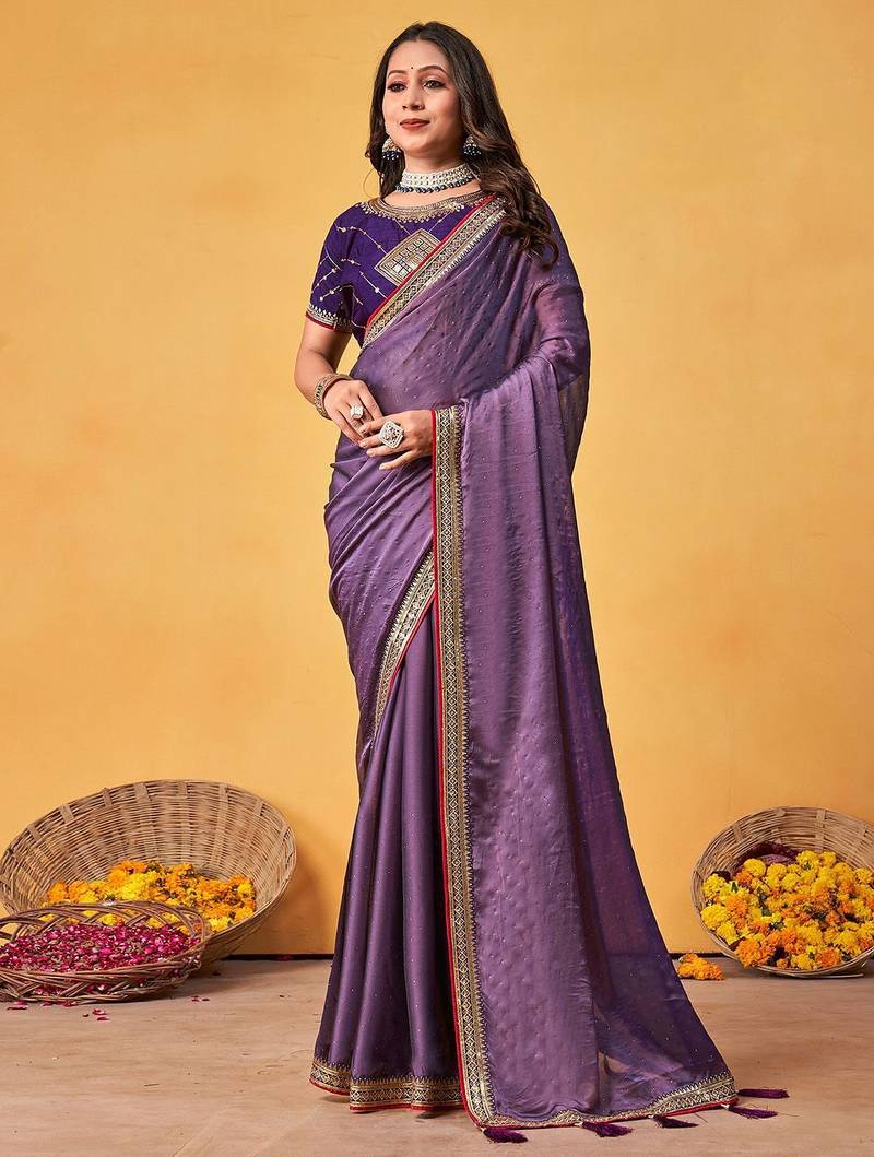lavender embellished beads and stones sarees with blouse piece