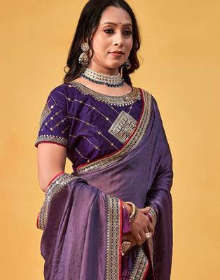 lavender embellished beads and stones sarees with blouse piece 2