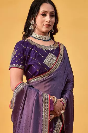 lavender embellished beads and stones sarees with blouse piece
