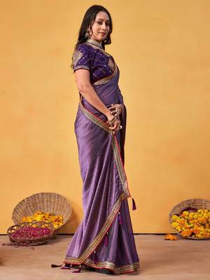 lavender embellished beads and stones sarees with blouse piece 3