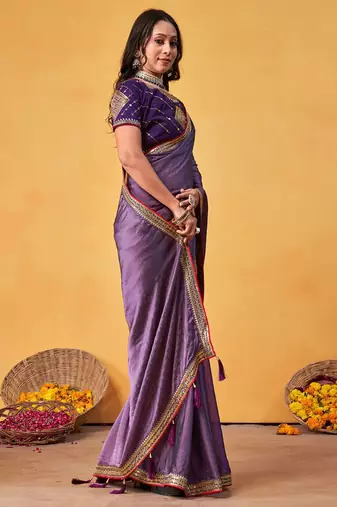 lavender embellished beads and stones sarees with blouse piece