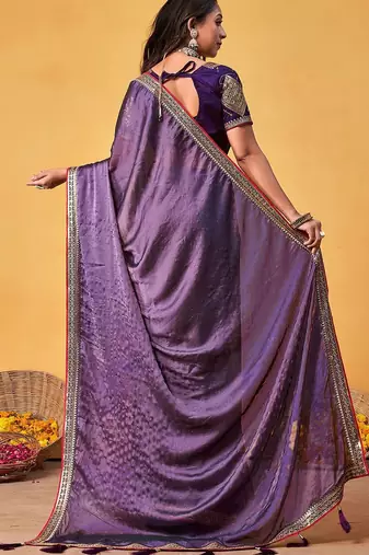 lavender embellished beads and stones sarees with blouse piece