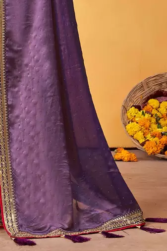 lavender embellished beads and stones sarees with blouse piece