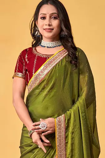 olive embellished beads and stones sarees with blouse piece