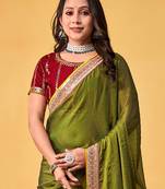olive embellished beads and stones sarees with blouse piece
