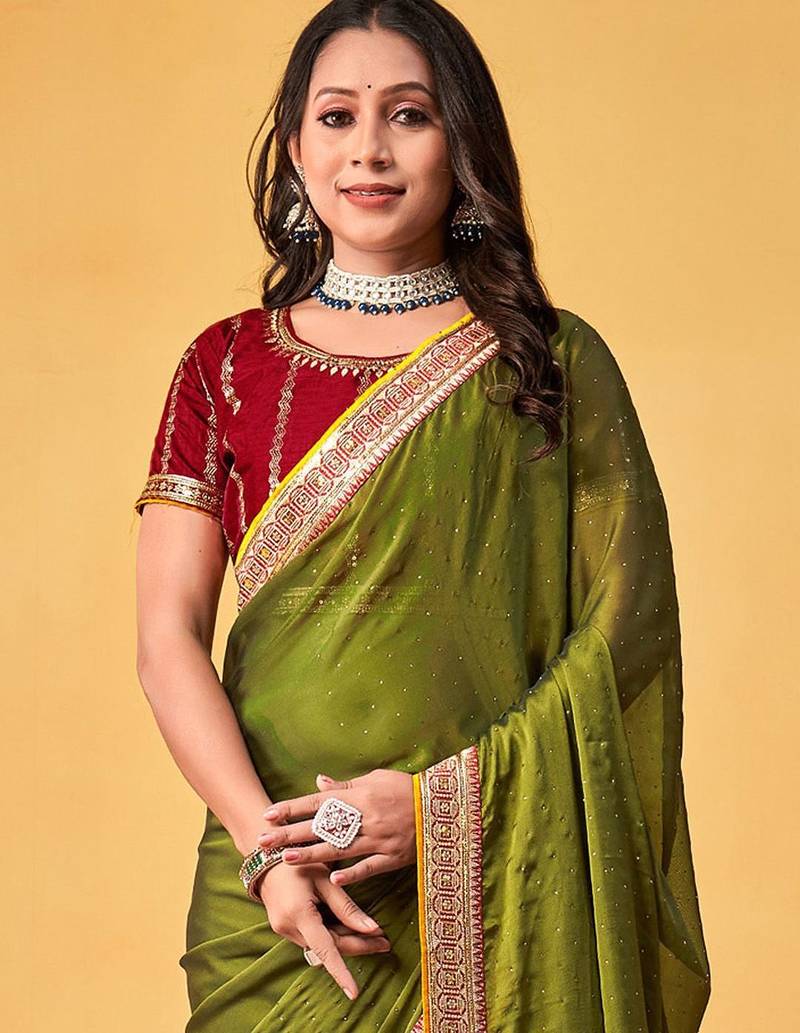 olive embellished beads and stones sarees with blouse piece