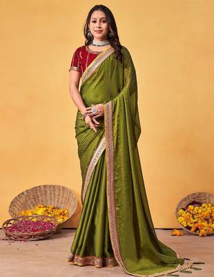 olive embellished beads and stones sarees with blouse piece 2