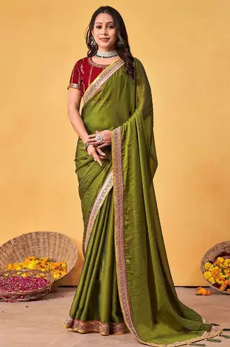 olive embellished beads and stones sarees with blouse piece