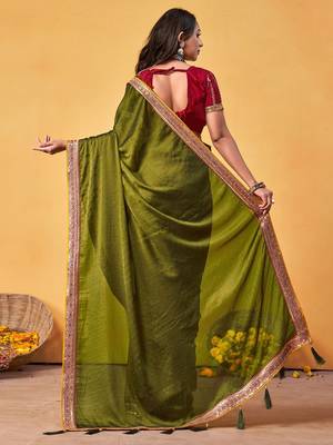 olive embellished beads and stones sarees with blouse piece 3