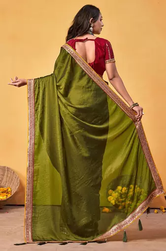 olive embellished beads and stones sarees with blouse piece