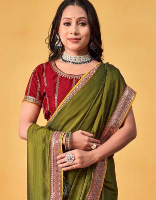 olive embellished beads and stones sarees with blouse piece 4