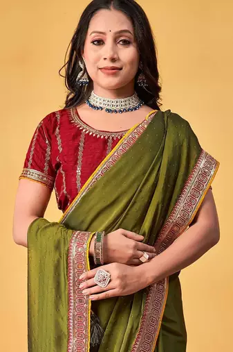 olive embellished beads and stones sarees with blouse piece