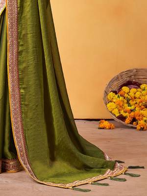 olive embellished beads and stones sarees with blouse piece 5