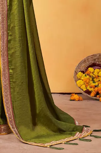 olive embellished beads and stones sarees with blouse piece