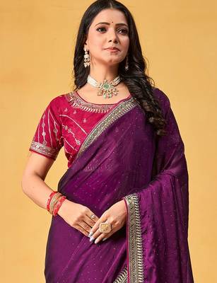 purple embellished beads and stones sarees with blouse piece 1