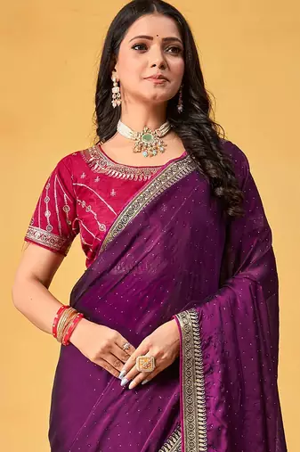 purple embellished beads and stones sarees with blouse piece
