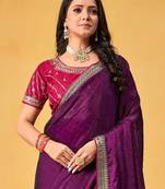 purple embellished beads and stones sarees with blouse piece