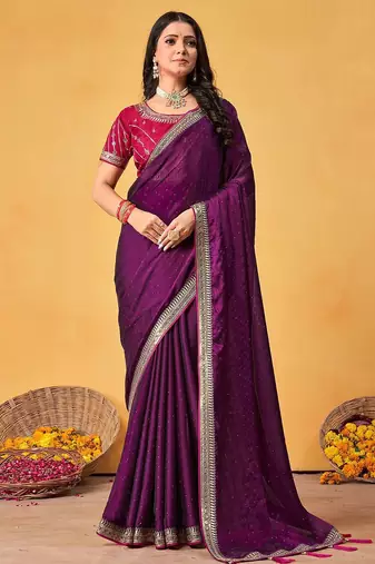 purple embellished beads and stones sarees with blouse piece
