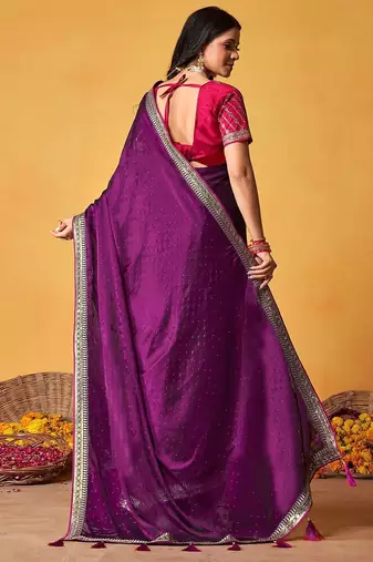 purple embellished beads and stones sarees with blouse piece