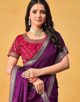 purple embellished beads and stones sarees with blouse piece 4