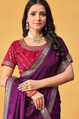 purple embellished beads and stones sarees with blouse piece