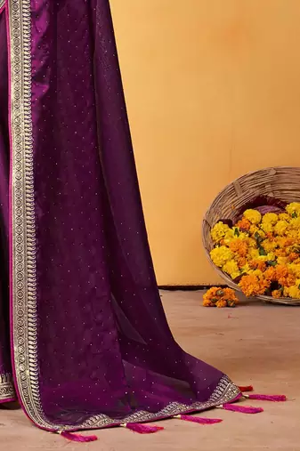 purple embellished beads and stones sarees with blouse piece