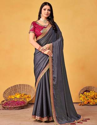 grey embellished beads and stones sarees with blouse piece 1
