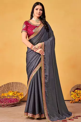 grey embellished beads and stones sarees with blouse piece