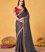 grey embellished beads and stones sarees with blouse piece