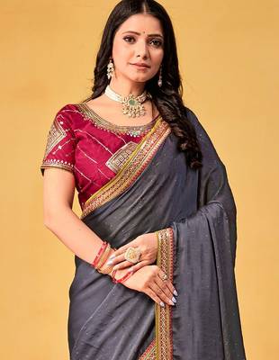 grey embellished beads and stones sarees with blouse piece 2
