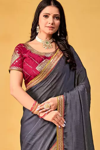 grey embellished beads and stones sarees with blouse piece
