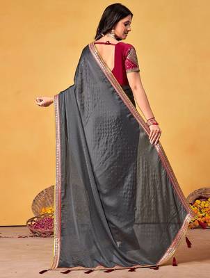 grey embellished beads and stones sarees with blouse piece 3