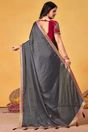 grey embellished beads and stones sarees with blouse piece